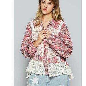 POL Pink Plaid Peace Sign Button Down Shirt